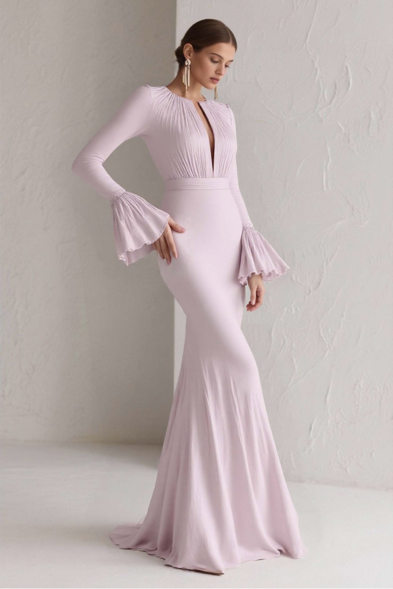 Party Formal Dress Purple Deep V-Neck Long Sleeve Ruffle Floor-Length Dress