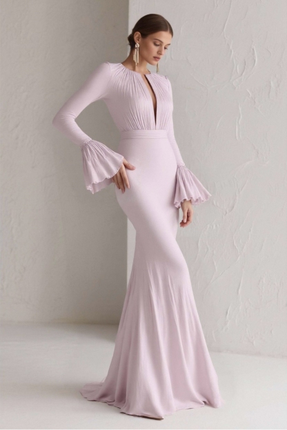 Party Formal Dress Purple Deep V-Neck Long Sleeve Ruffle Floor-Length Dress