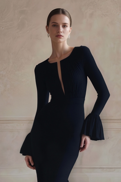 Party Formal Dress Purple Deep V-Neck Long Sleeve Ruffle Floor-Length Dress