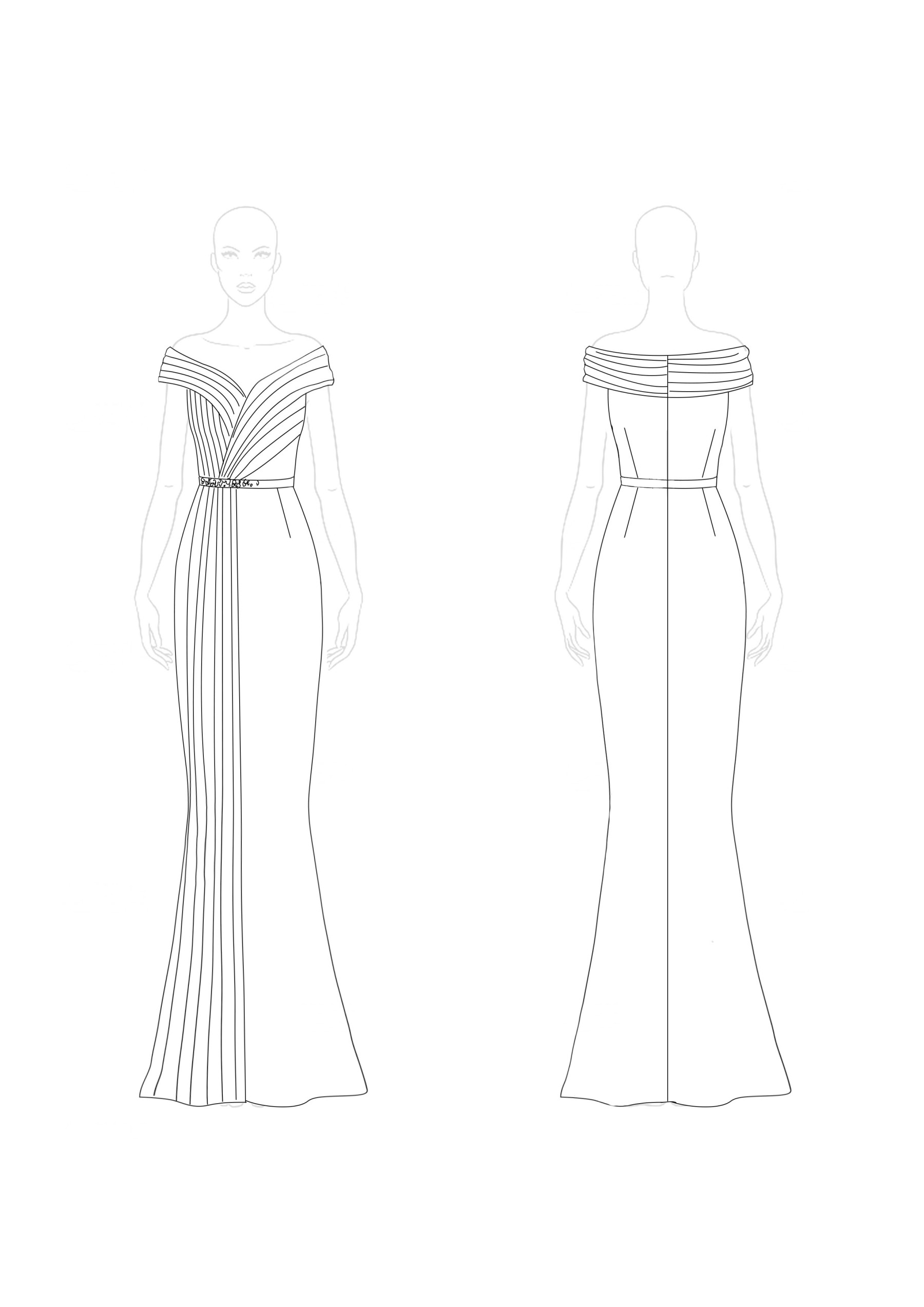 Elegant Formal Off-Shoulder Dress Waist Detail Pleated Floor-Length Dress