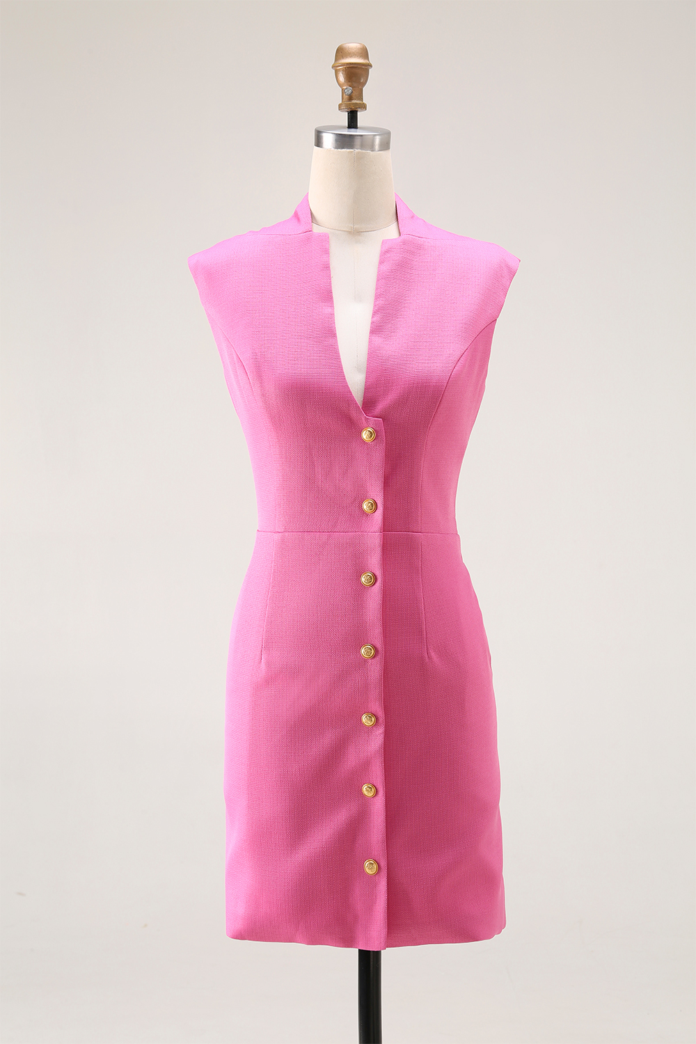 Semi-formal Work Pink Dress Tweed Buttoned Sleeveless Mini Dress