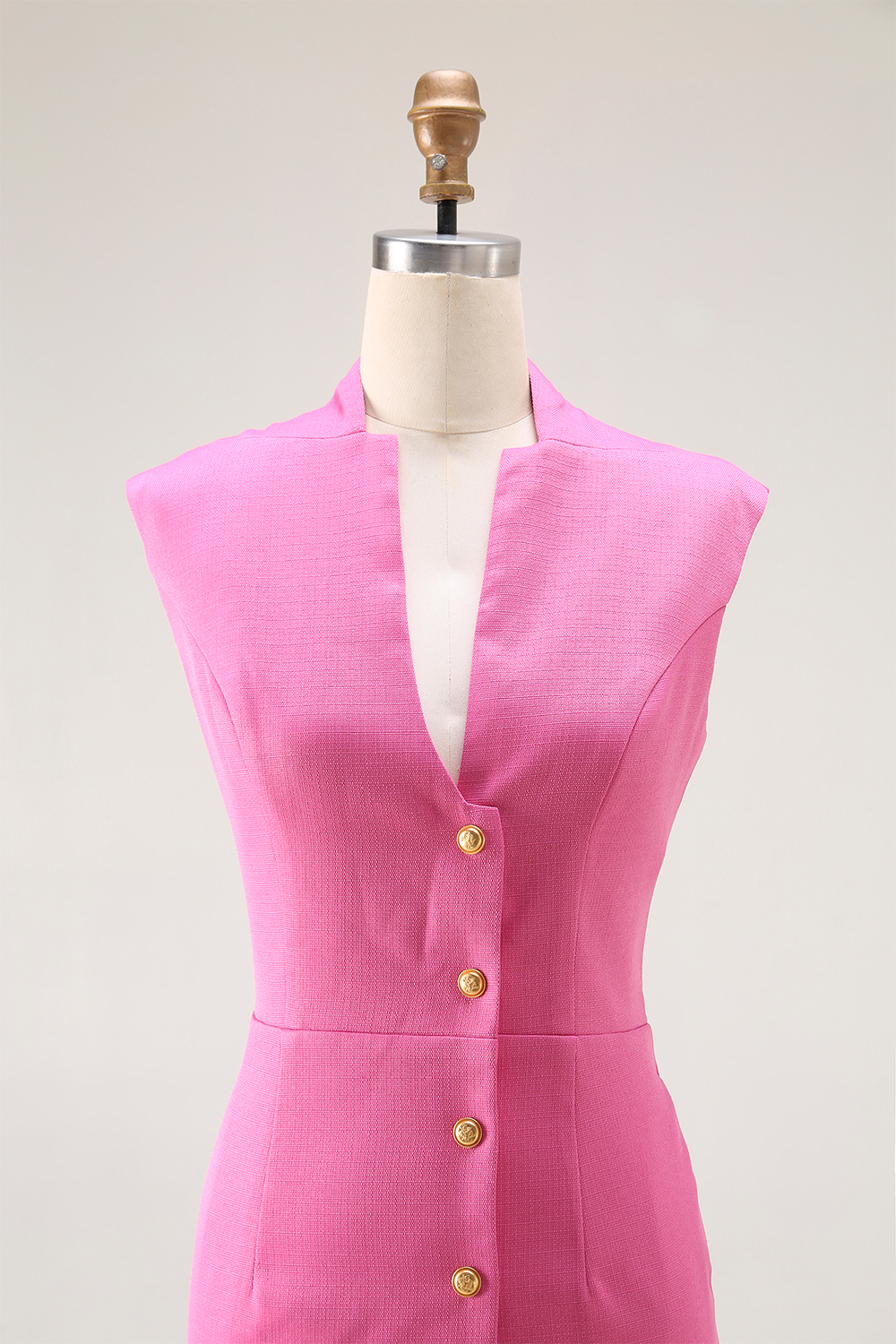 Semi-formal Work Pink Dress Tweed Buttoned Sleeveless Mini Dress