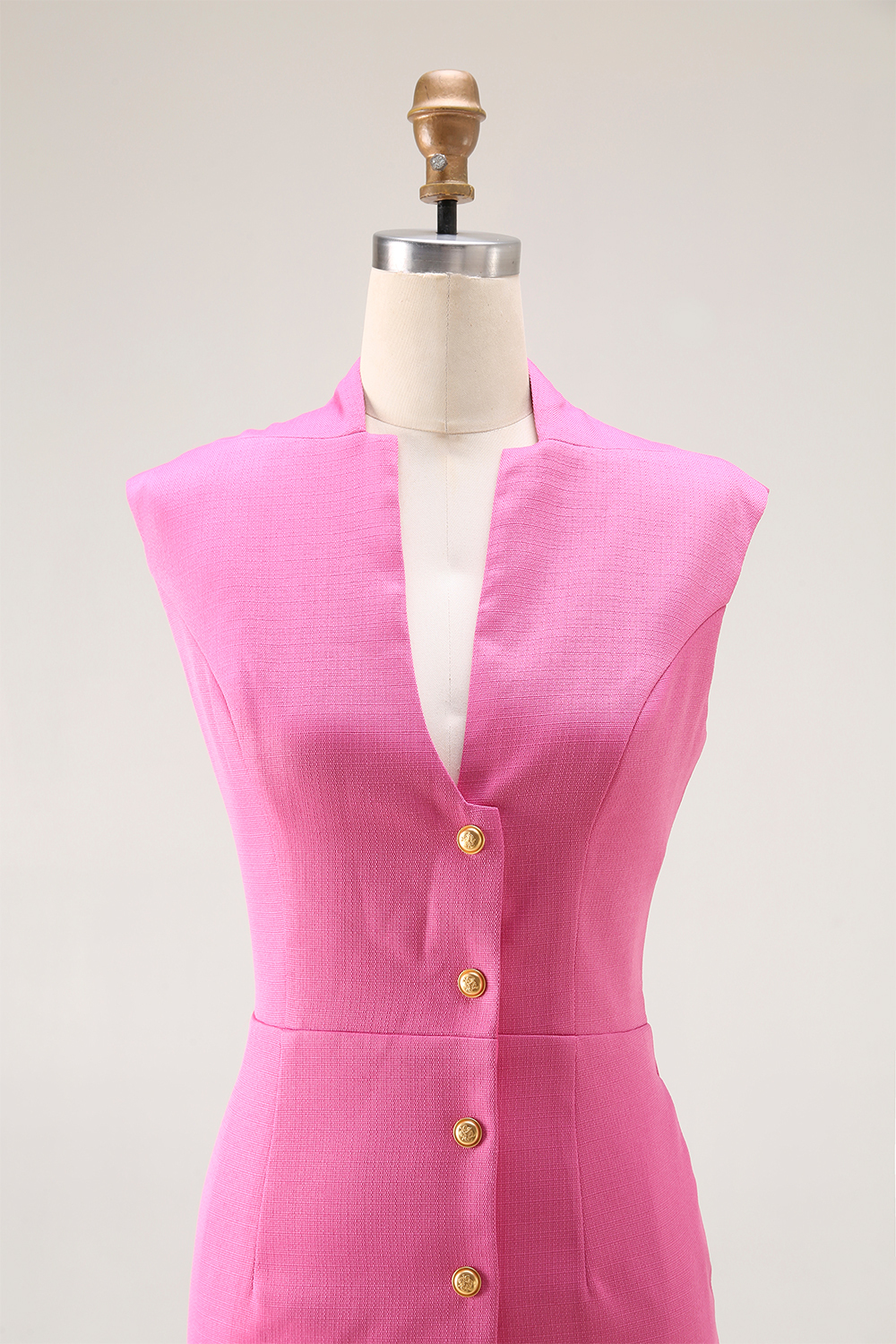Semi-formal Work Pink Dress Tweed Buttoned Sleeveless Mini Dress