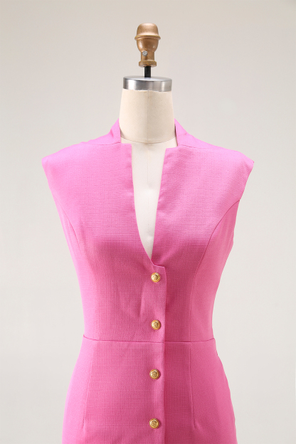 Semi-formal Work Pink Dress Tweed Buttoned Sleeveless Mini Dress
