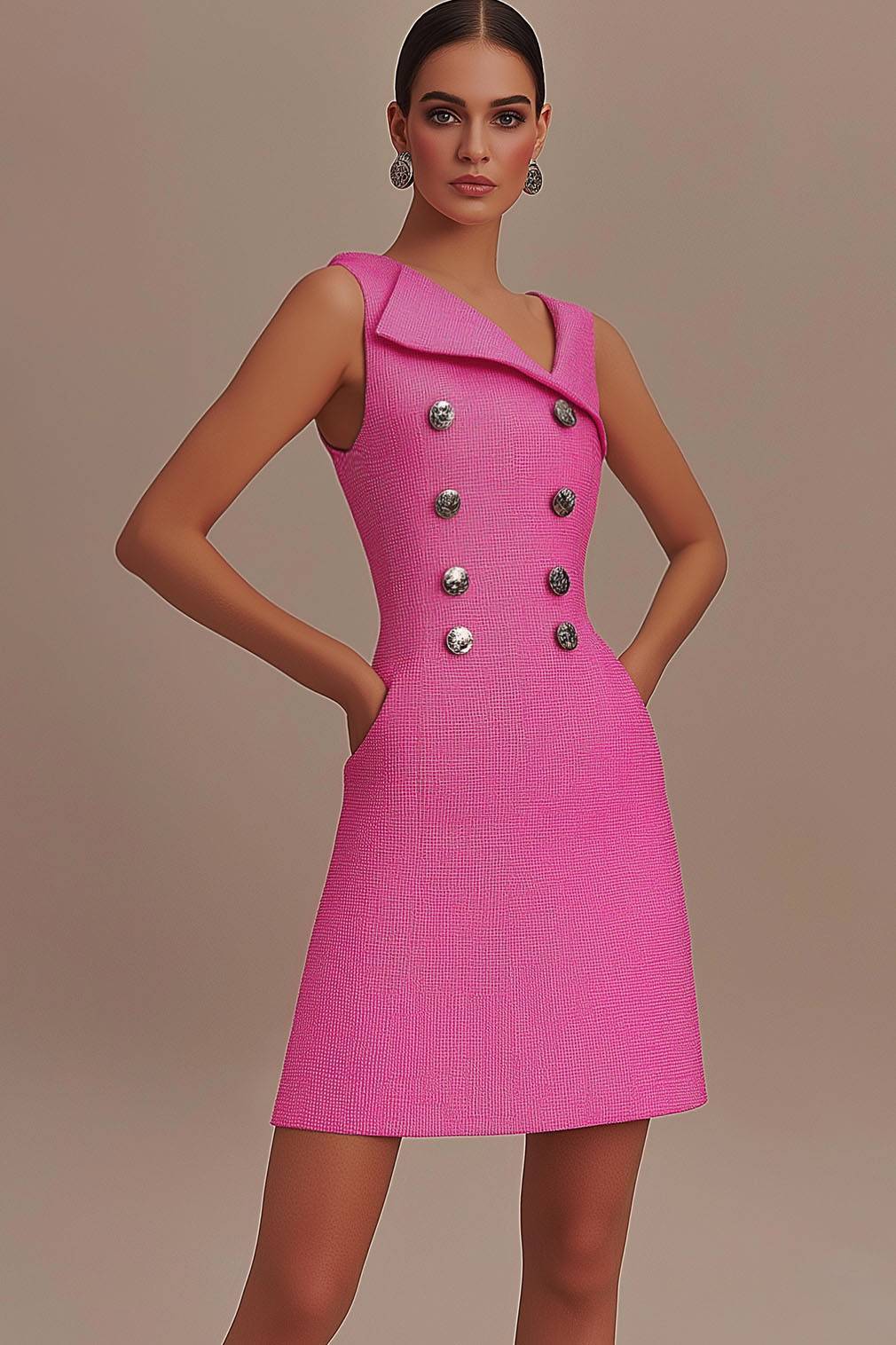 Semi-Formal Work Pink Dress Sleeveless Asymmetrical Neck Pocket Mini Dress