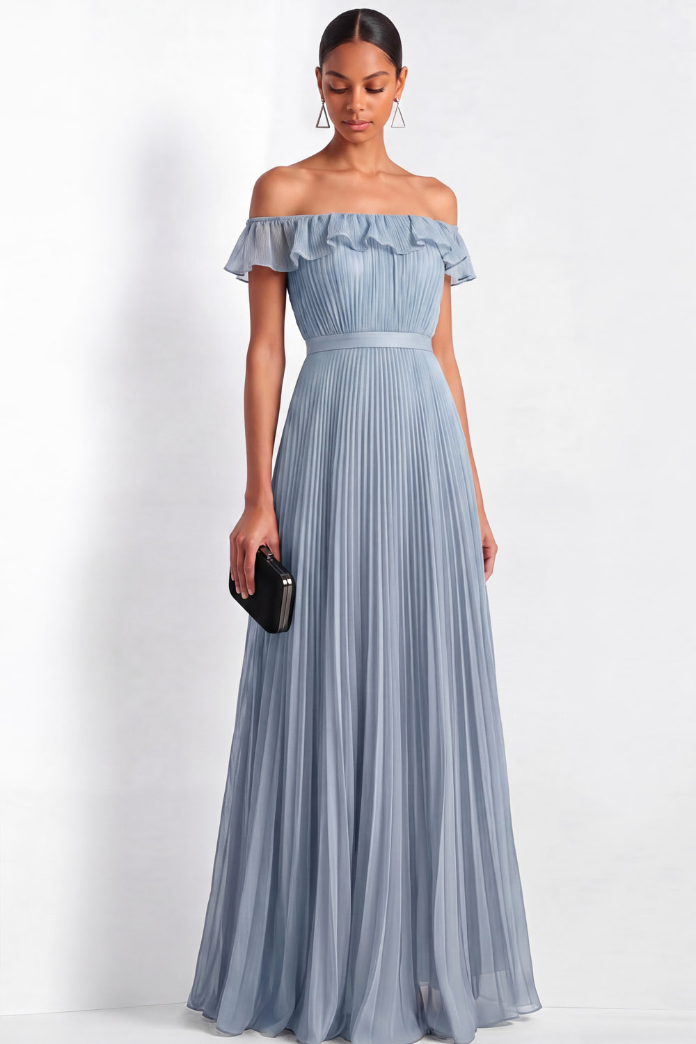 Wedding Guest Party Dress Light Blue Off-The-Shoulder Ruffle Pleated Maxi Dress