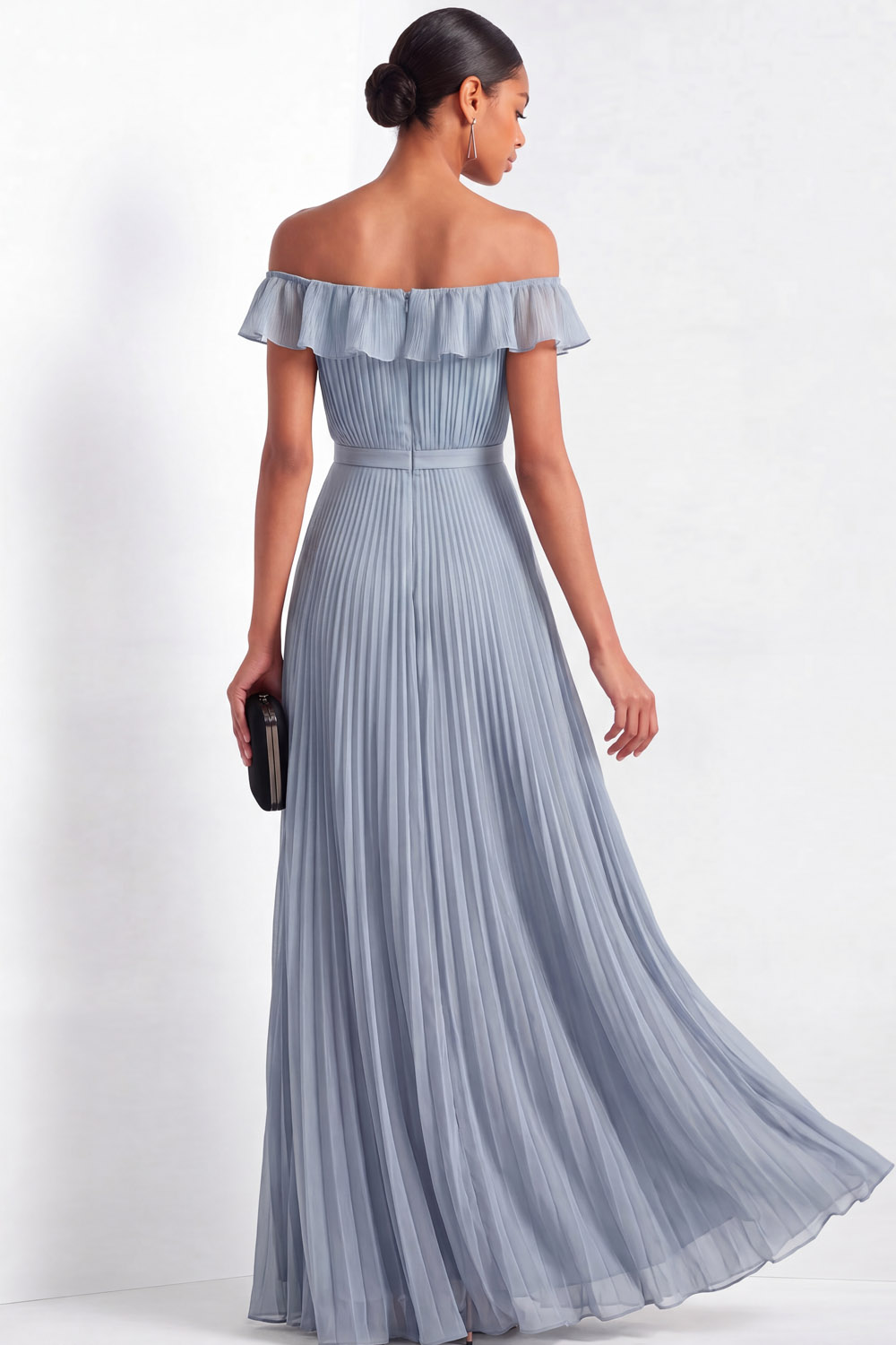 Wedding Guest Party Dress Light Blue Off-The-Shoulder Ruffle Pleated Maxi Dress