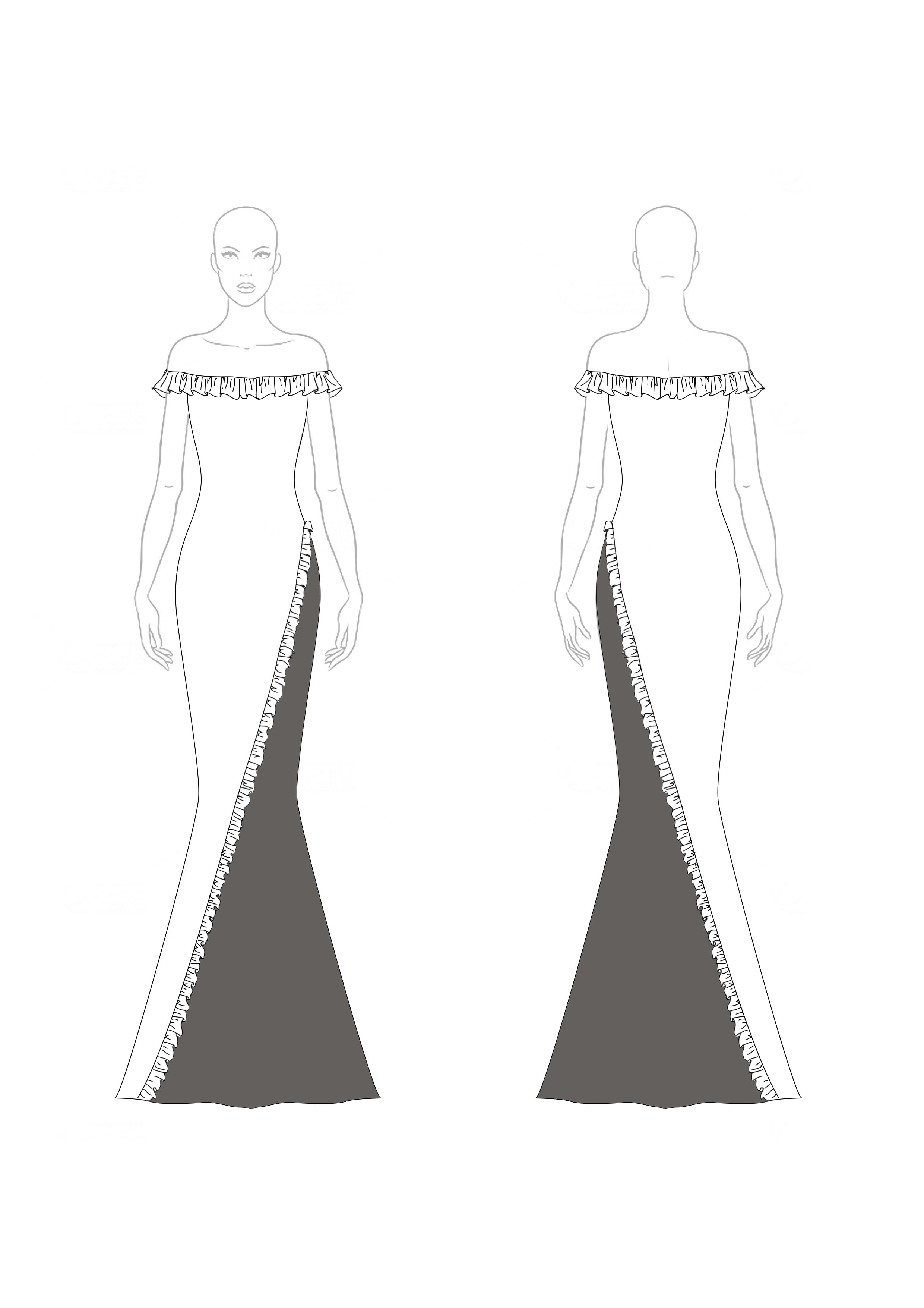 Formal Evening Gown Color Block Off-Shoulder Ruffle Floor-Length Dress