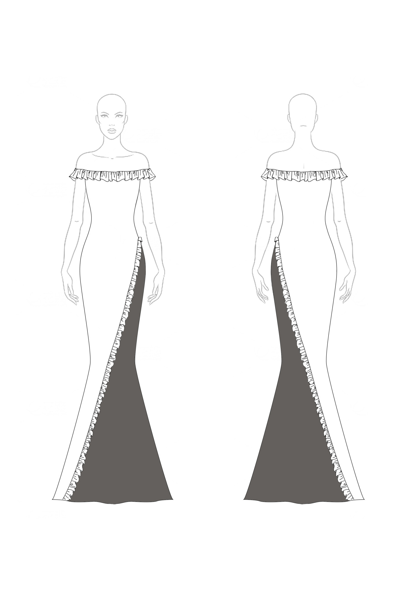 Formal Evening Gown Color Block Off-Shoulder Ruffle Floor-Length Dress