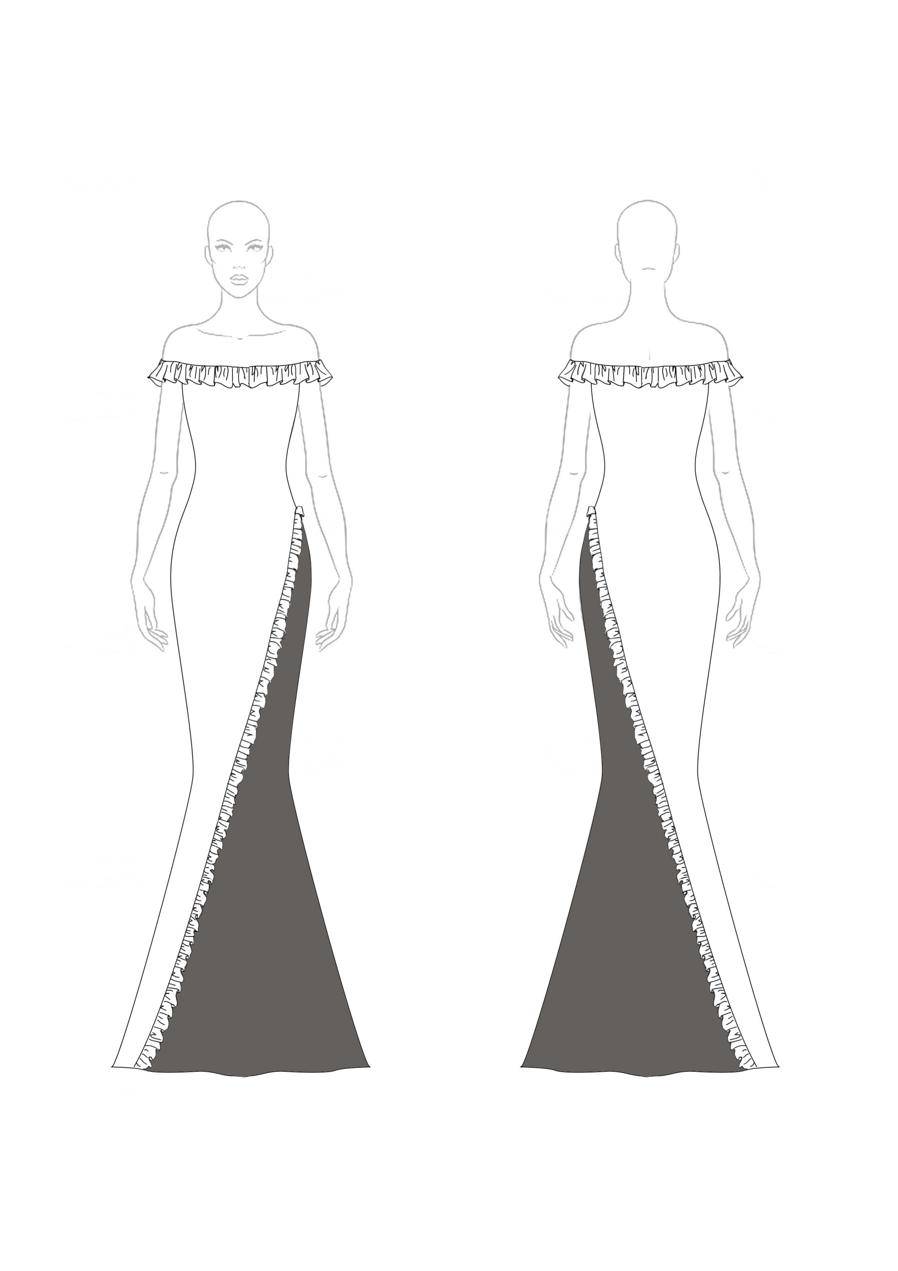 Formal Evening Gown Color Block Off-Shoulder Ruffle Floor-Length Dress