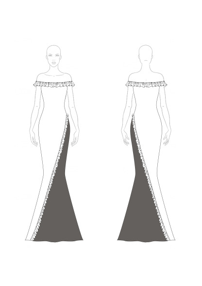 Formal Evening Gown Color Block Off-Shoulder Ruffle Floor-Length Dress