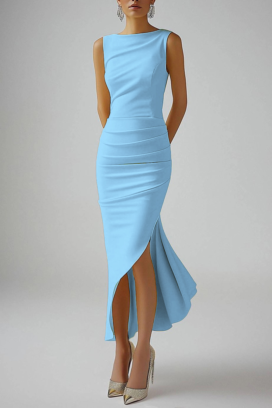 Cocktail Party Dress Light Yellow Sleeveless Ruched Asymmetrical Midi Dress