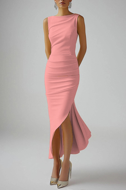 Cocktail Party Dress Light Yellow Sleeveless Ruched Asymmetrical Midi Dress