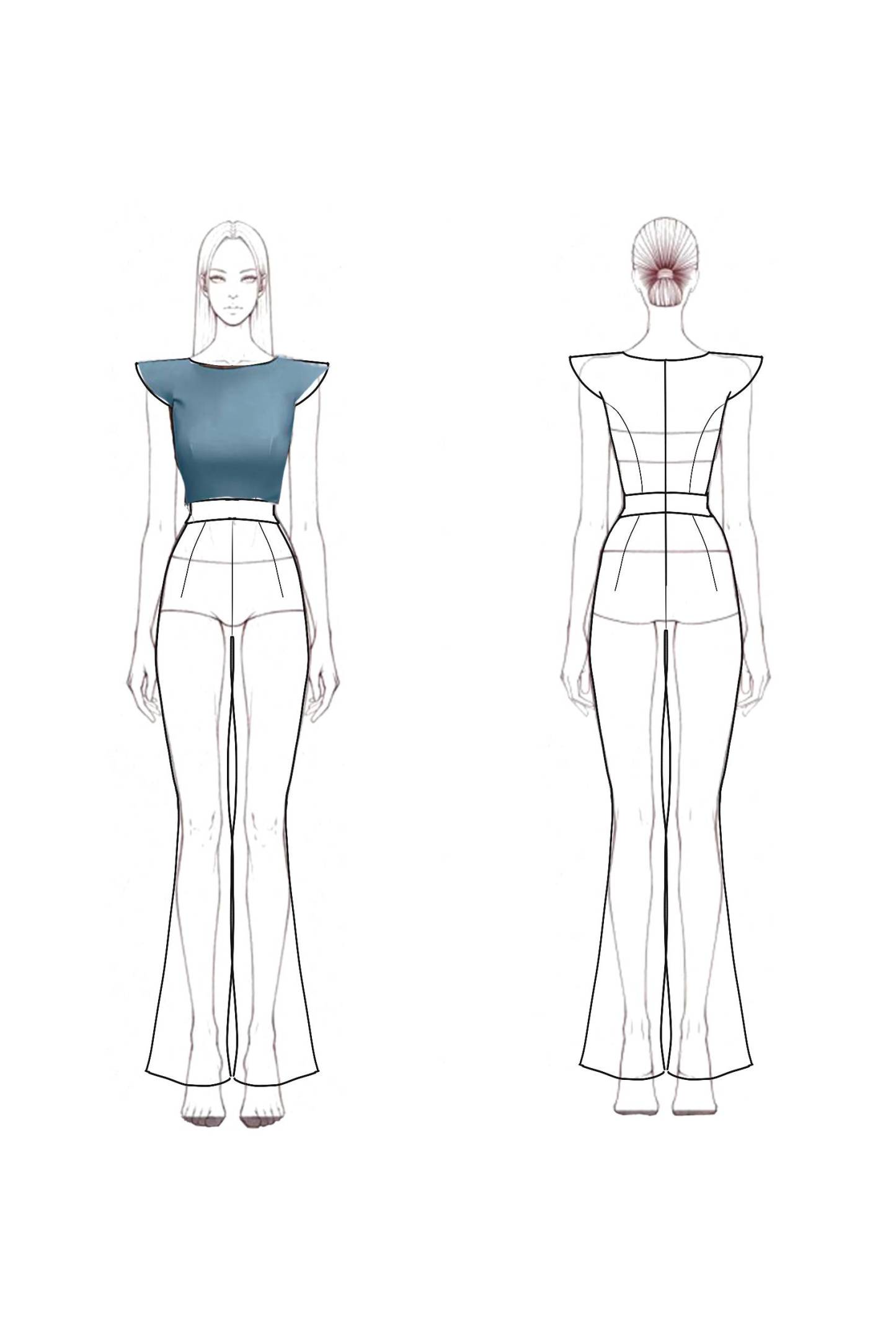 Semi-Formal Work Jumpsuit Blue and White Color-block Round Neck Flared Pants