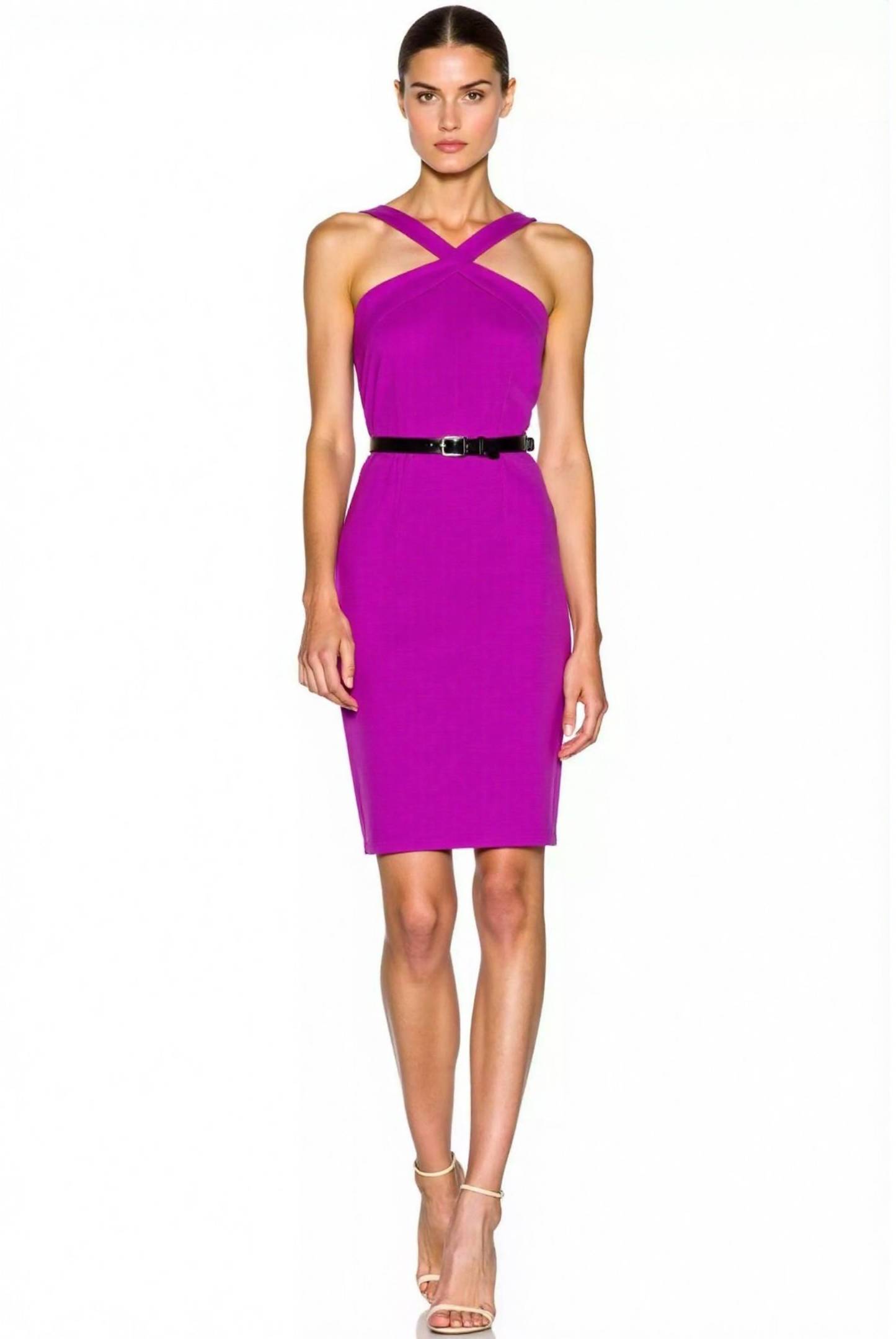 Going Out Party Dress Purple Cross Neck Belted Mini Dress