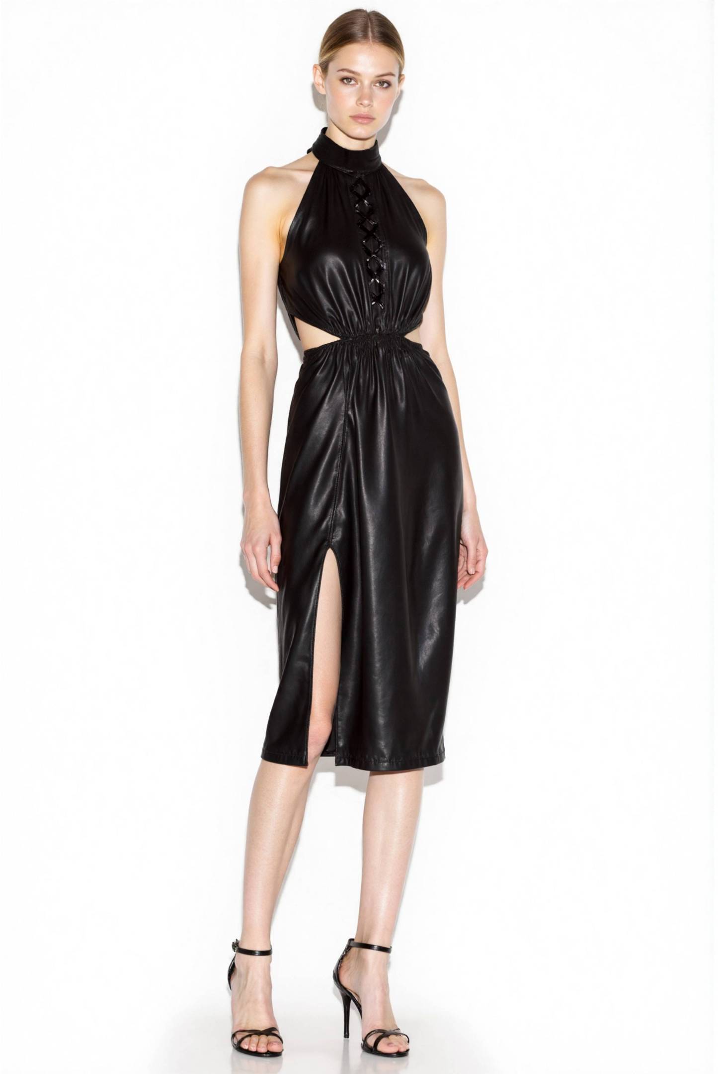Cocktail Party Dress Halter Black Leather Cutout High Slit Knee-Length Dress