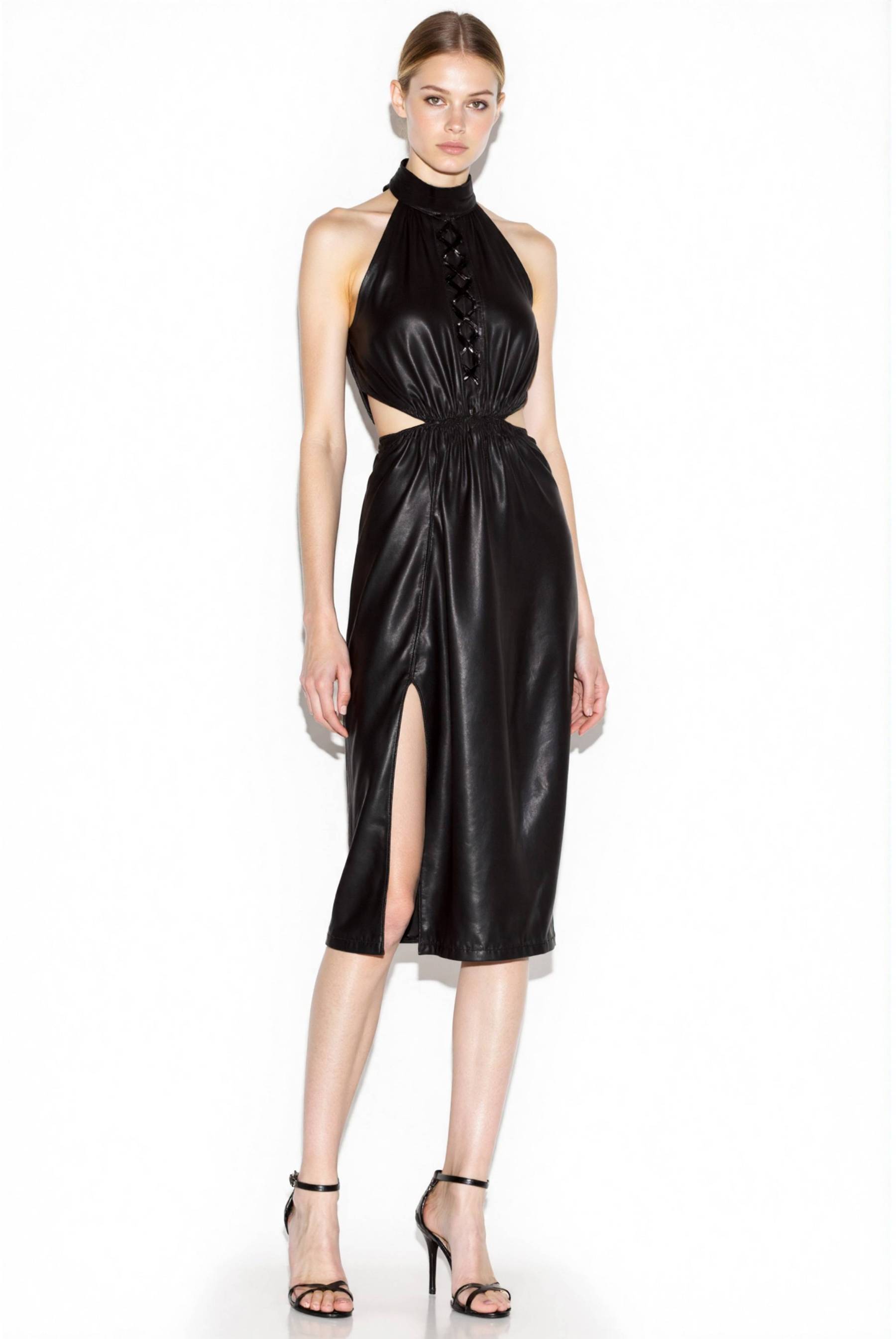 Cocktail Party Dress Halter Black Leather Cutout High Slit Knee-Length Dress