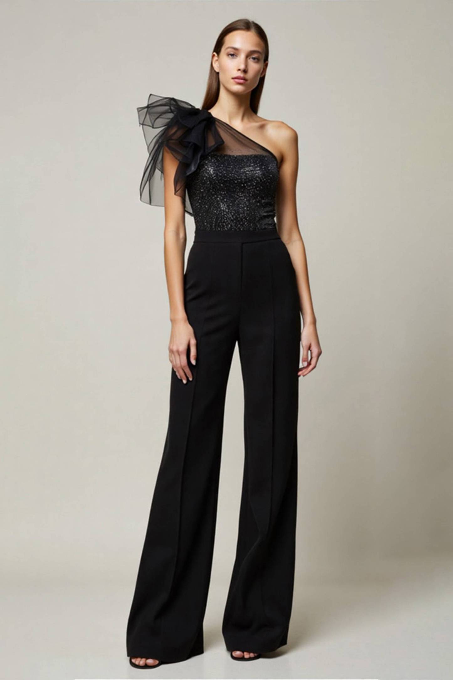 Cocktail Party Jumpsuit Black Mesh One-Shoulder Straight-Leg Pants