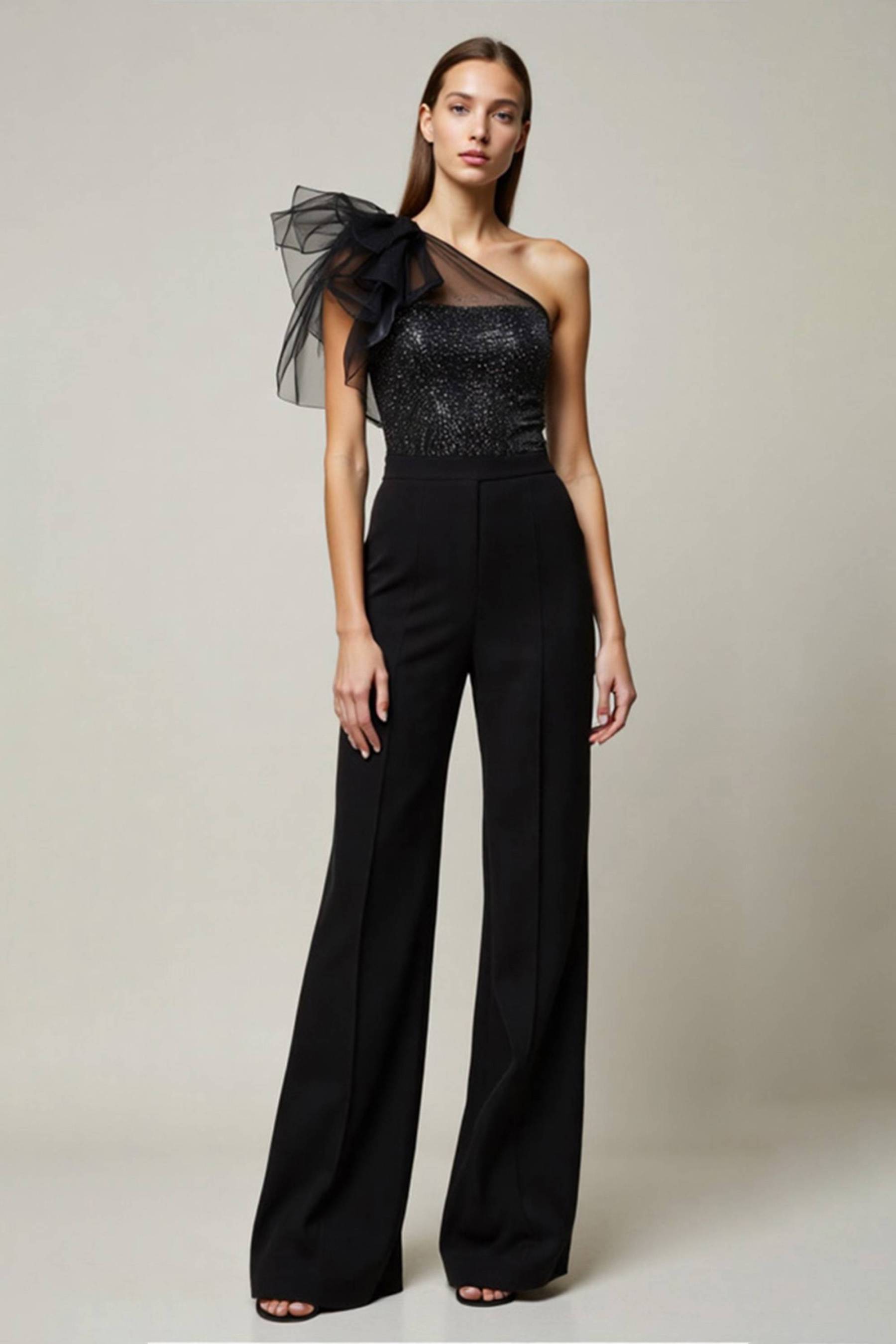 Cocktail Party Jumpsuit Black Mesh One-Shoulder Straight-Leg Pants