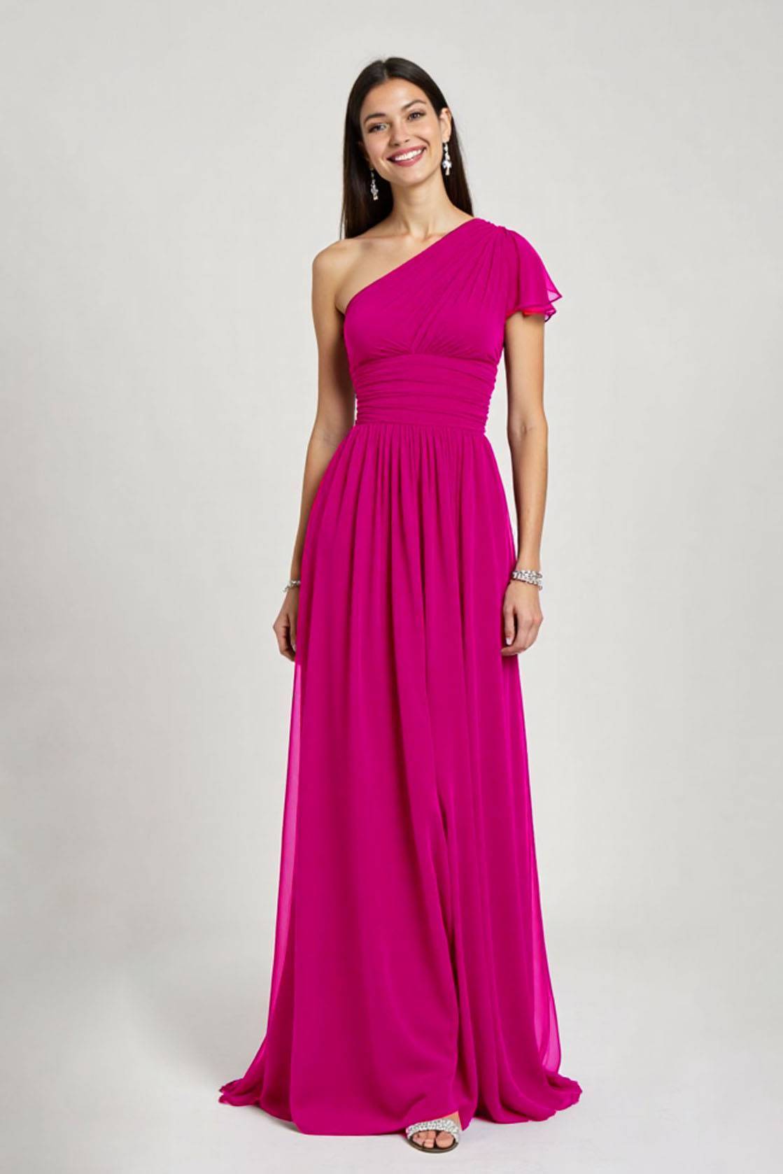 Formal Evening Dress Fuchsia One-Shoulder Chiffon Floor-Length Dress