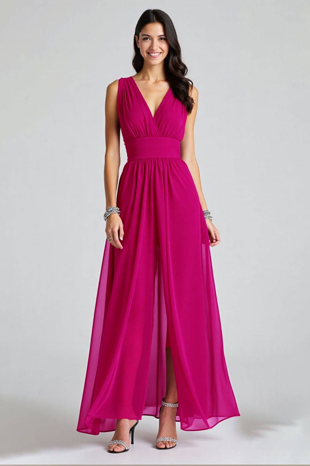 Semi-Formal Party Dress Fuchsia Sleeveless V-Neck Front Slit Chiffon Maxi Dress