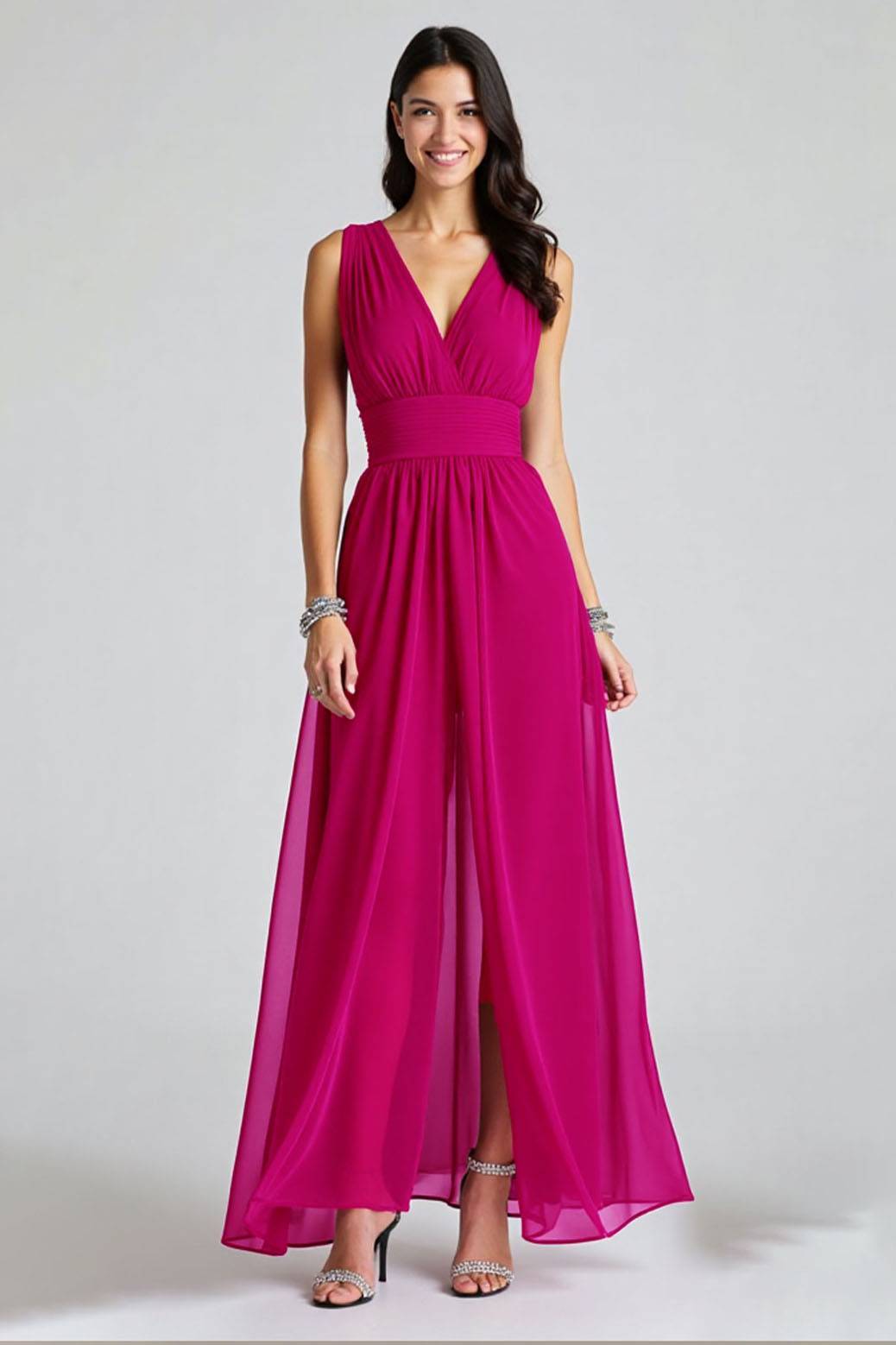 Semi-Formal Party Dress Fuchsia Sleeveless V-Neck Front Slit Chiffon Maxi Dress