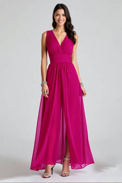 Semi-Formal Party Dress Fuchsia Sleeveless V-Neck Front Slit Chiffon Maxi Dress