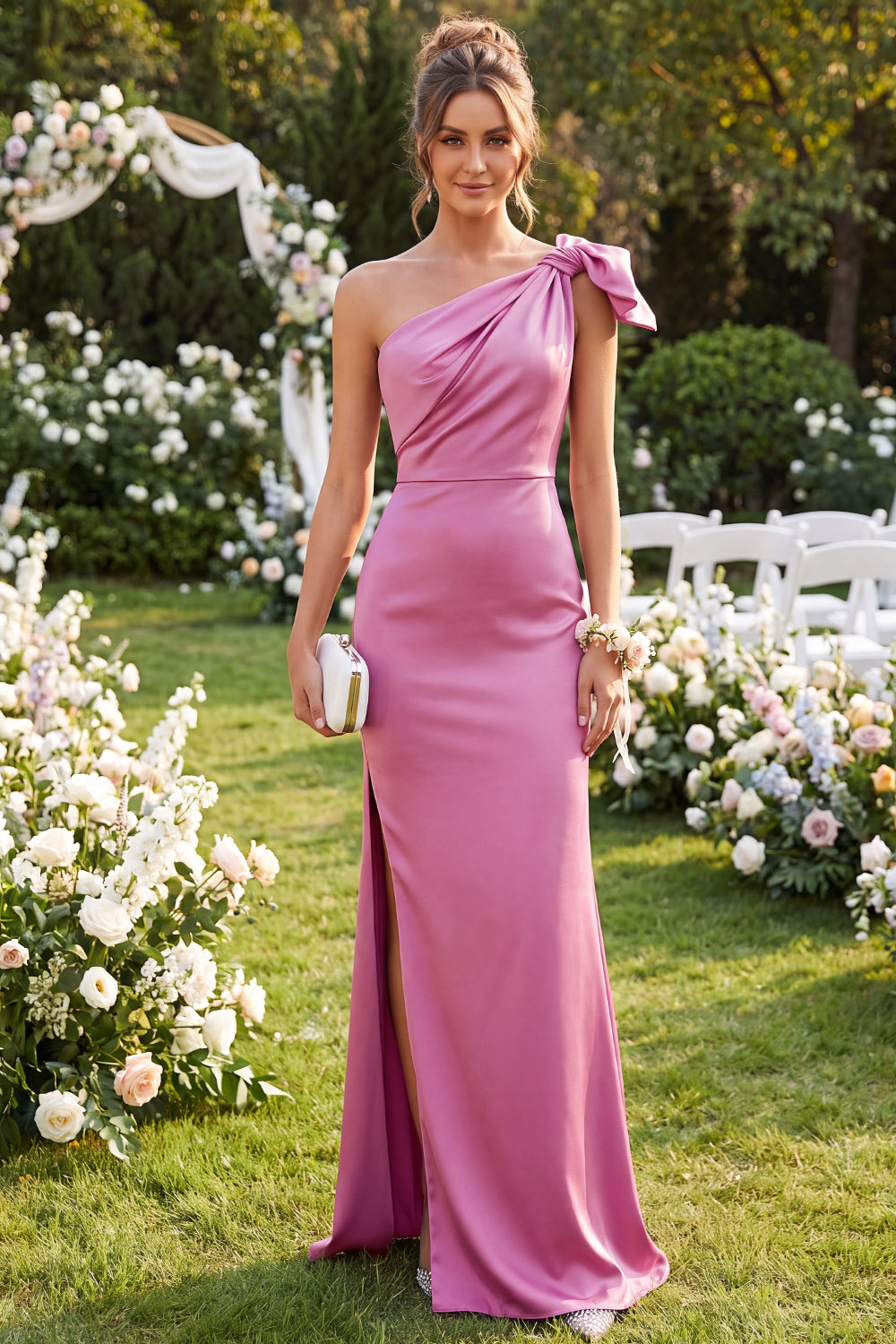 Fall Wedding Guest Dress Pink One-Shoulder Knot Side Slit Maxi Dress