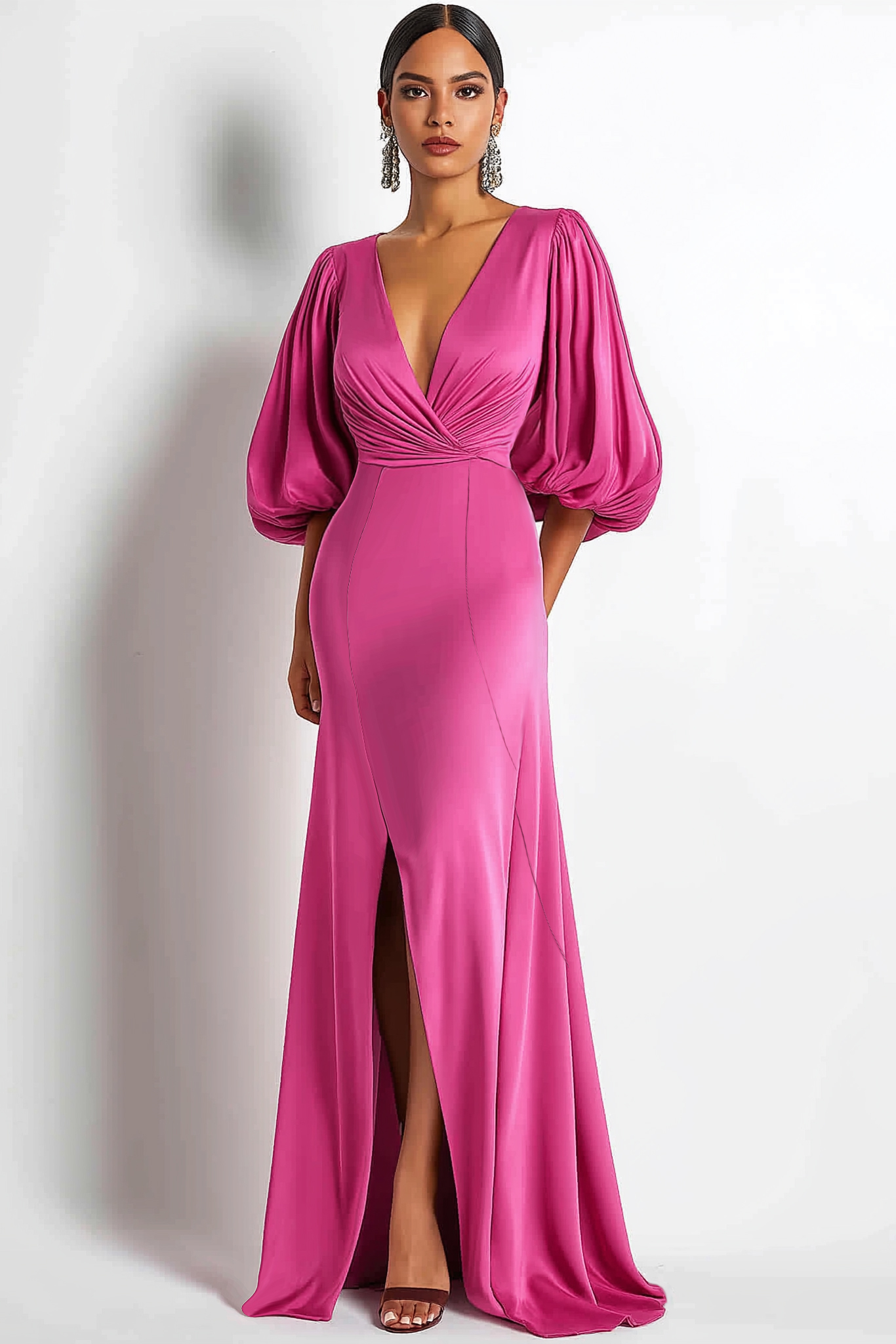 Formal Purple Gown Deep V Bubble Sleeve Side Slit Floor-Length Dress