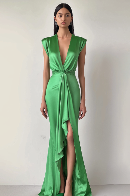 Party Satin Dress Green Deep V Sleeveless Draped Floor-Length Gown