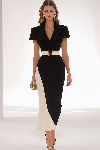 Work Semi-Formal Dress Colorblock Lapel Short Sleeve Belted Maxi Dress