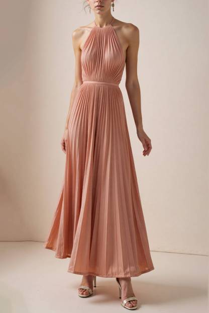 Wedding Guest Casual Dress Light Pink Halter Neck Pleated Maxi Dress