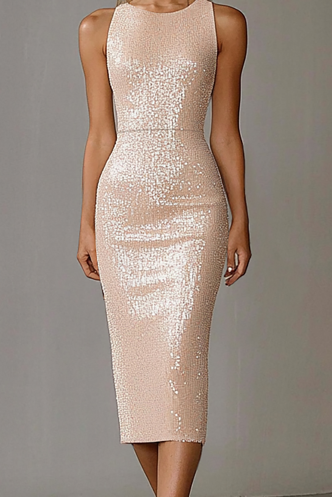 Cocktail Party Dress Sleeveless Light Pink Sequins Knee-Length Dress