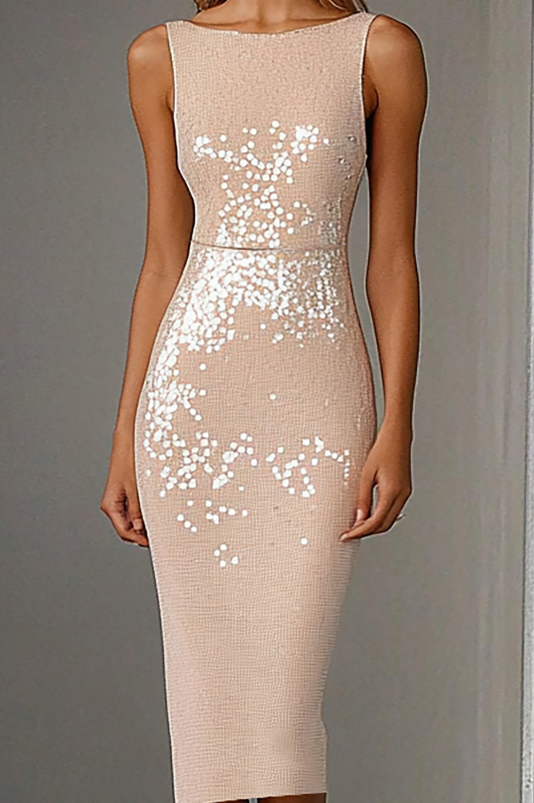 Cocktail Semi-formal Dress Sleeveless Light Pink Sequins Knee-Length Dress