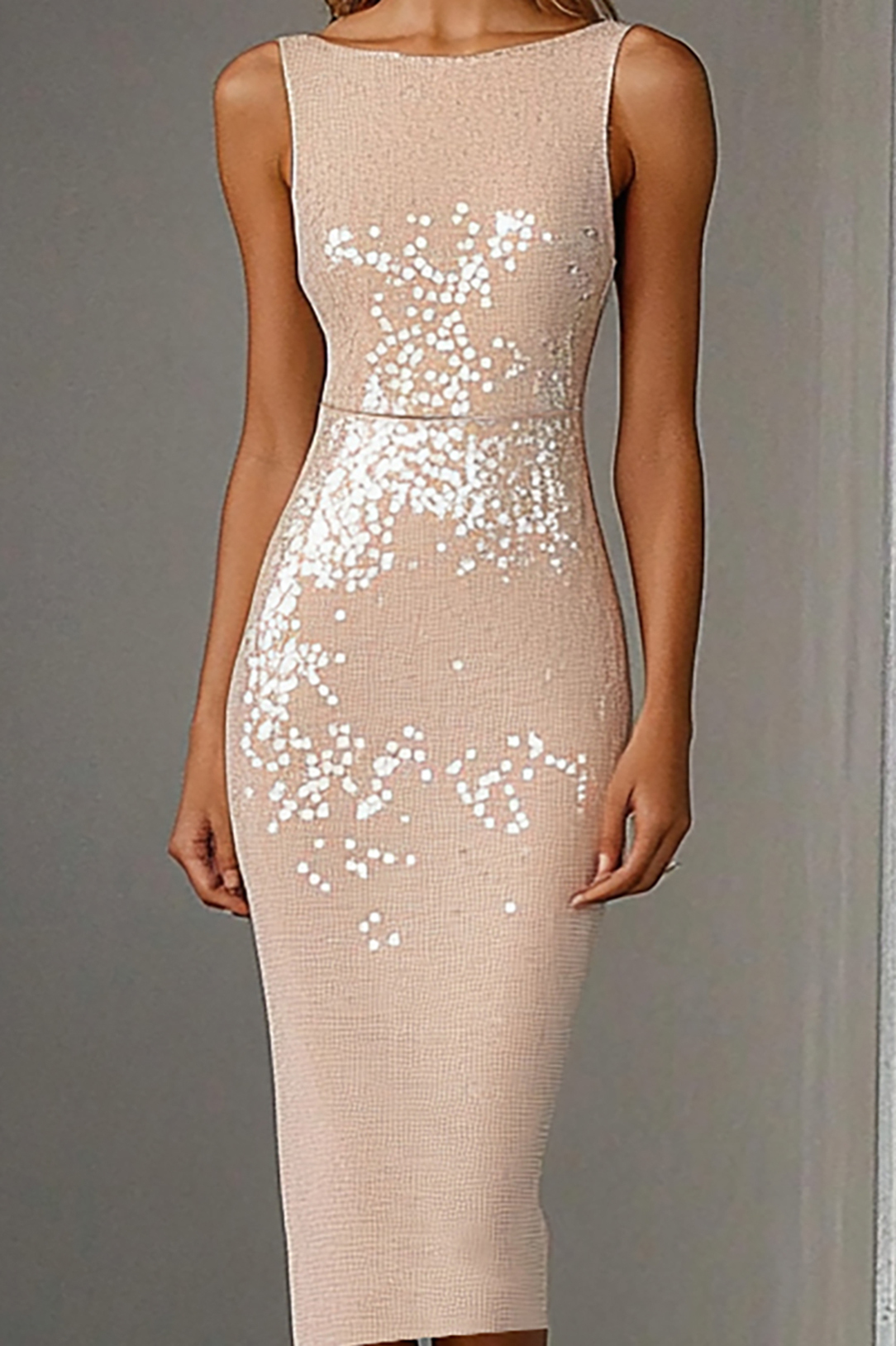 Cocktail Semi-formal Dress Sleeveless Light Pink Sequins Knee-Length Dress