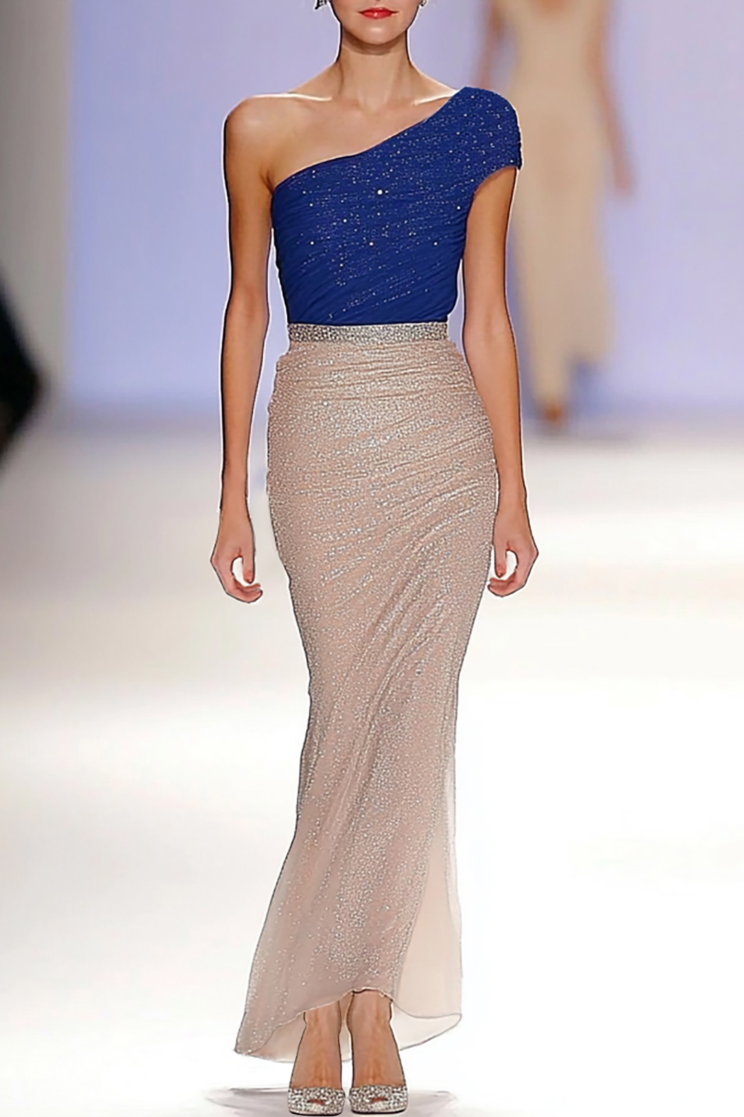 Cocktail Party Dress Blue Sequins One Shoulder Long Dress