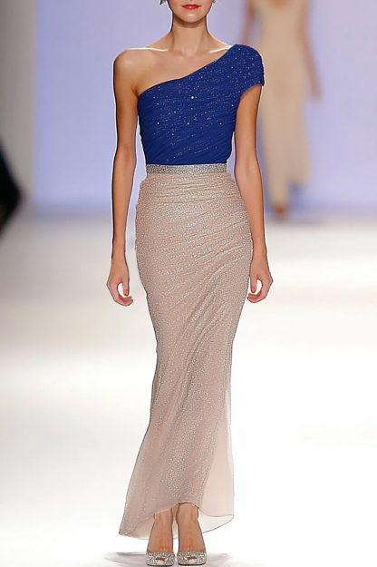 Cocktail Party Dress Blue Sequins One Shoulder Long Dress