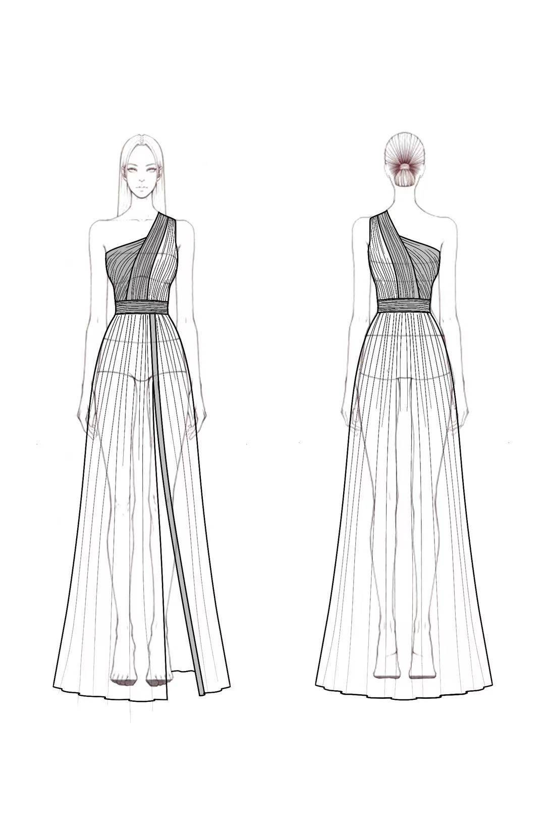Evening Formal Dress Blue Black High Slit Pleated Floor-Length Dress