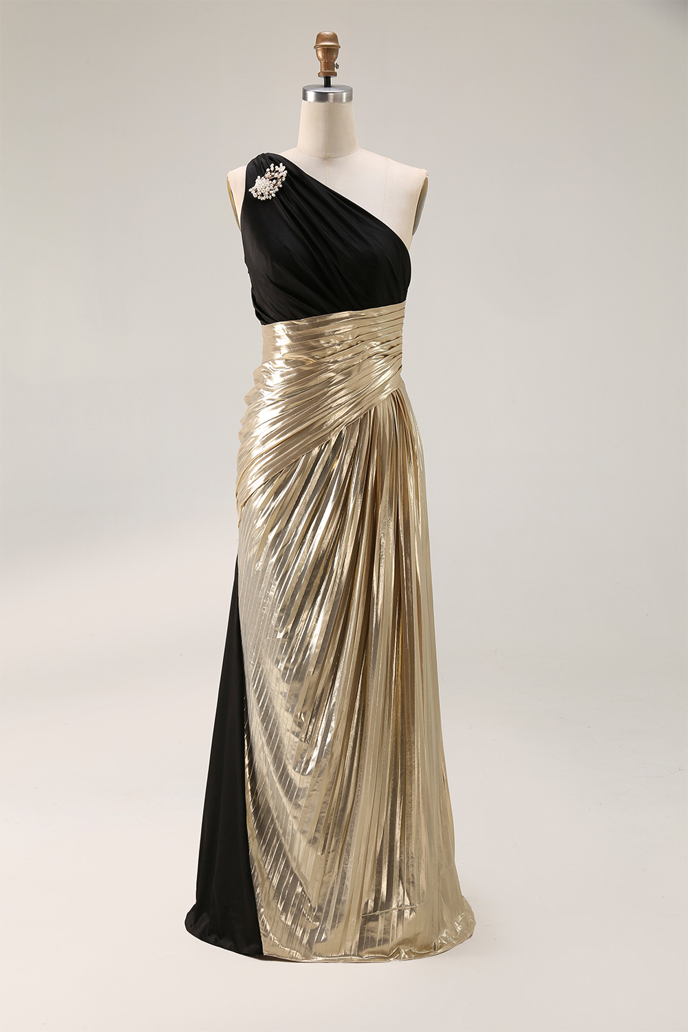Evening Formal Dress Black Gold Metallic One-Shoulder Maxi Gown