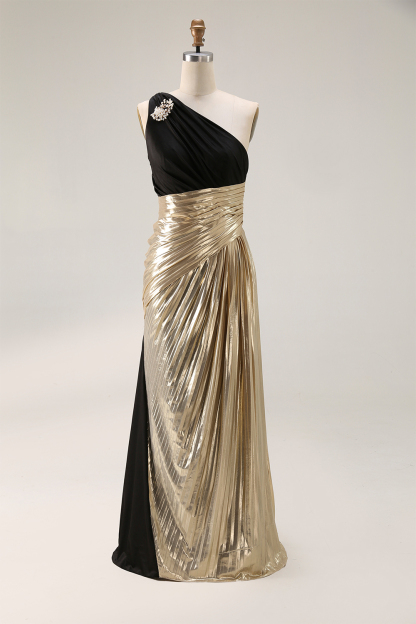 Evening Formal Dress Black Gold Metallic One-Shoulder Maxi Gown