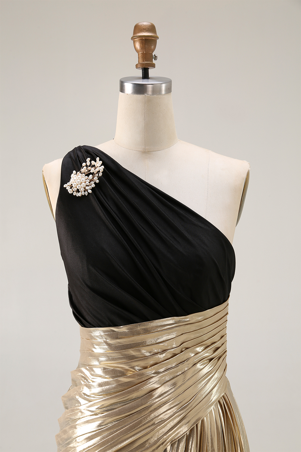 Evening Formal Dress Black Gold Metallic One-Shoulder Maxi Gown