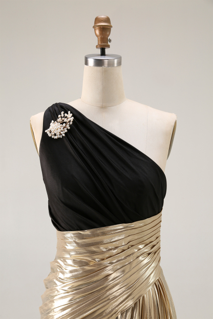 Evening Formal Dress Black Gold Metallic One-Shoulder Maxi Gown