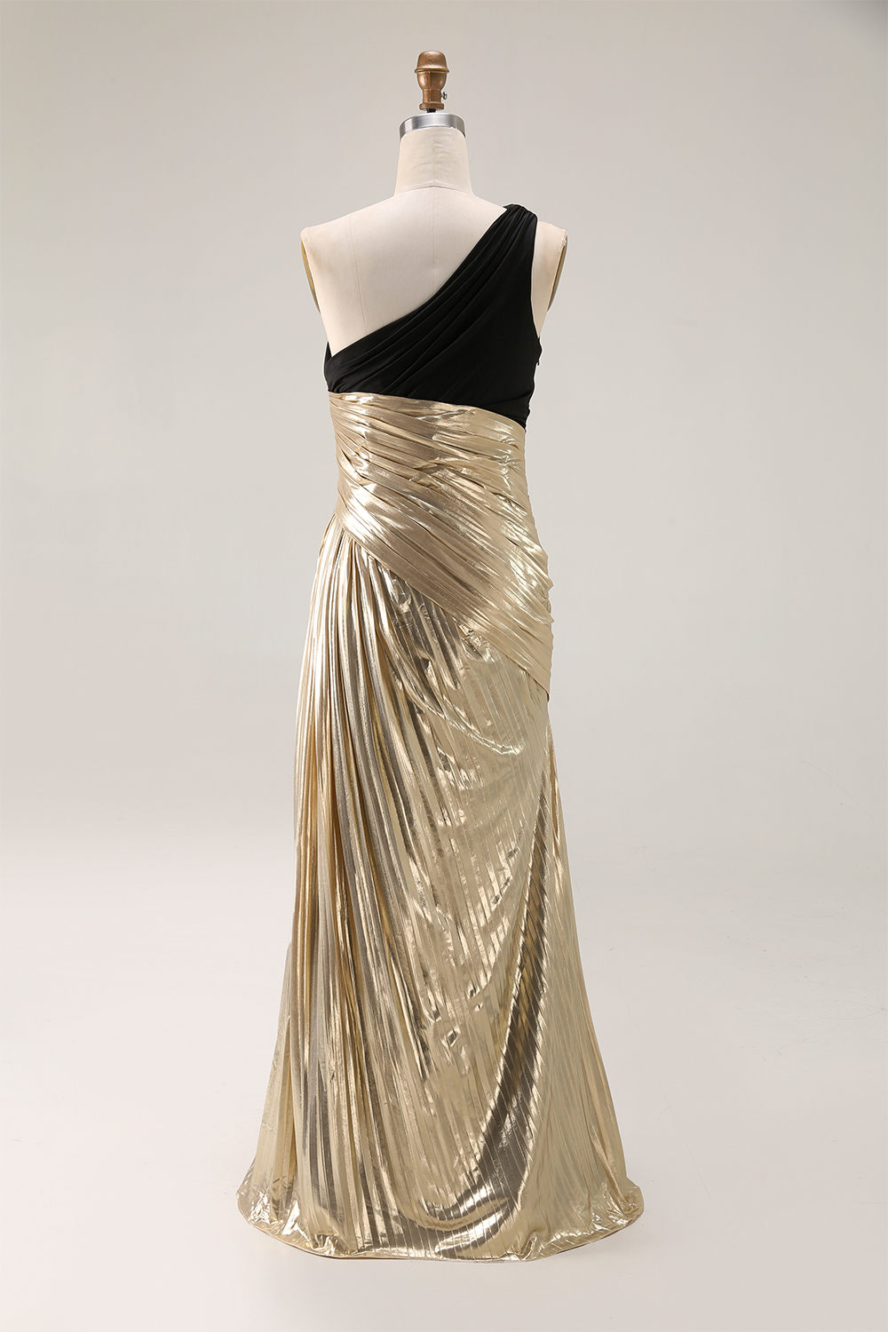 Evening Formal Dress Black Gold Metallic One-Shoulder Maxi Gown