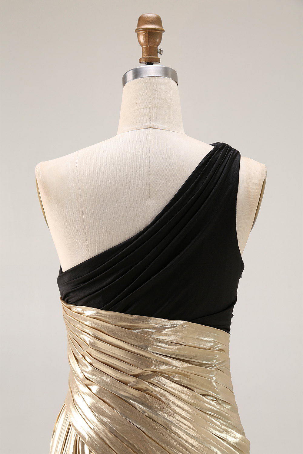 Evening Formal Dress Black Gold Metallic One-Shoulder Maxi Gown