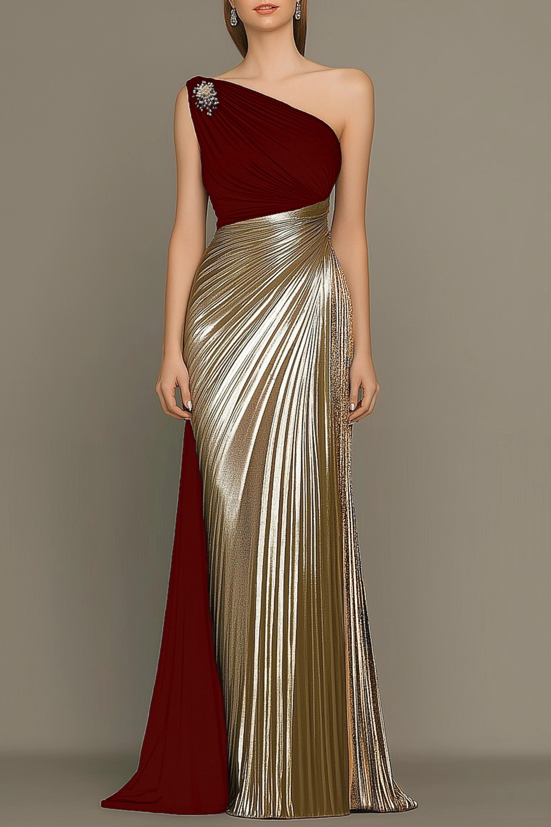 Evening Formal Dress Black Gold Metallic One-Shoulder Maxi Gown