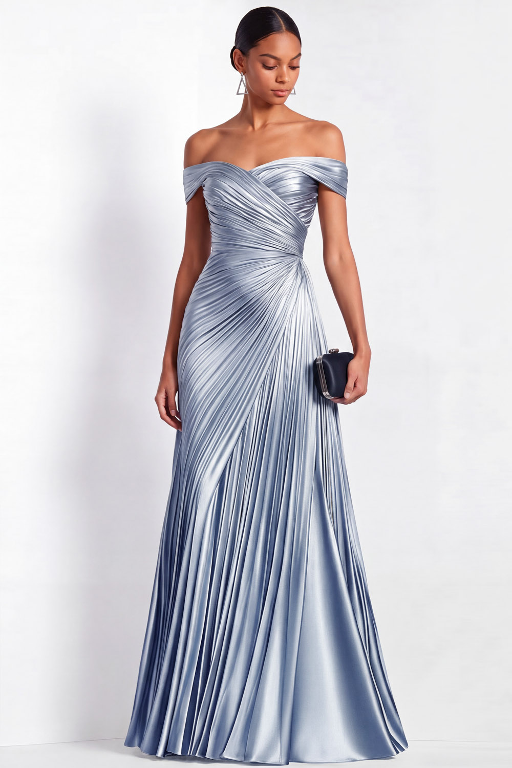Evening Formal Dress Light Blue Pleated Metallic One-Shoulder Maxi Gown