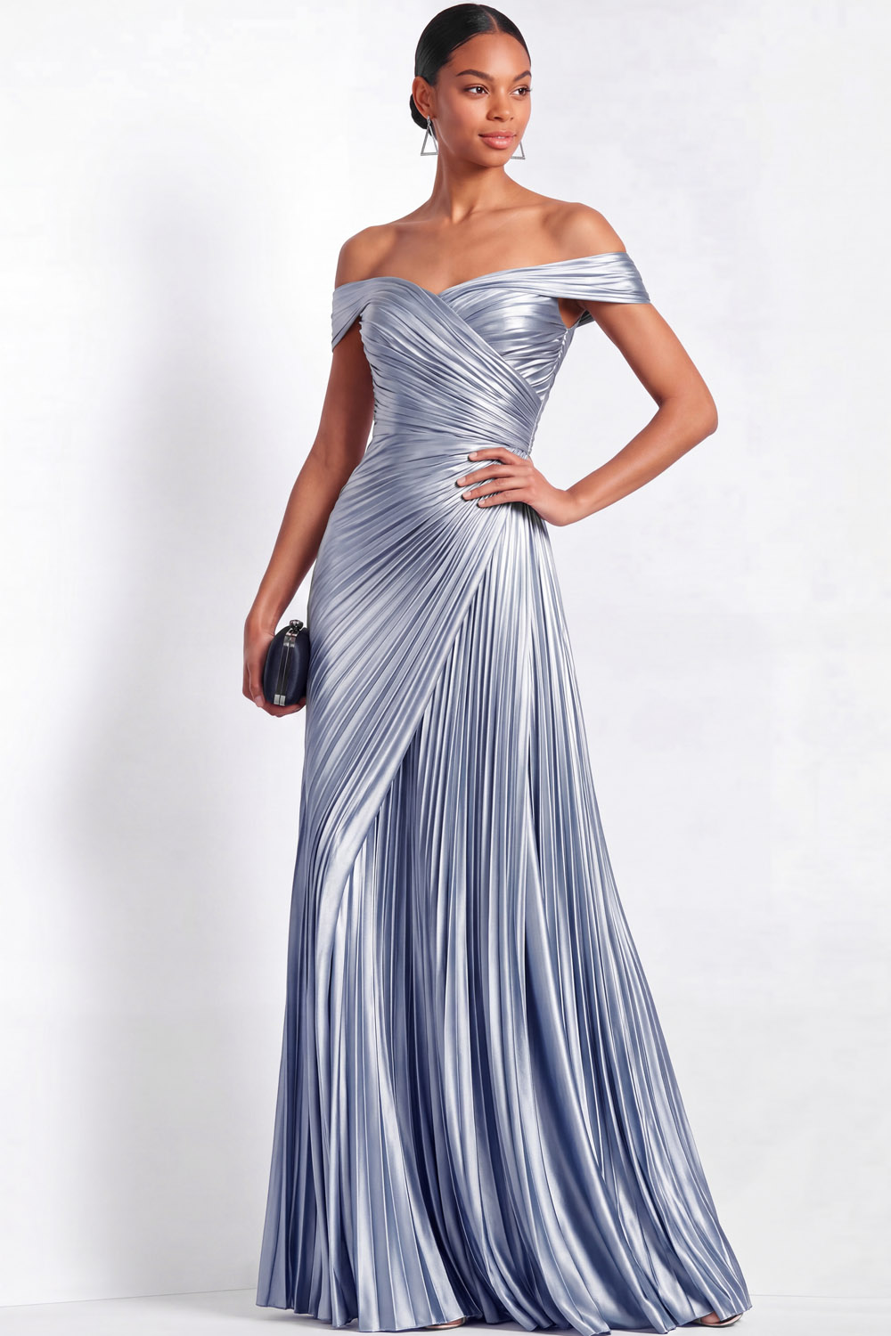 Evening Formal Dress Light Blue Pleated Metallic One-Shoulder Maxi Gown