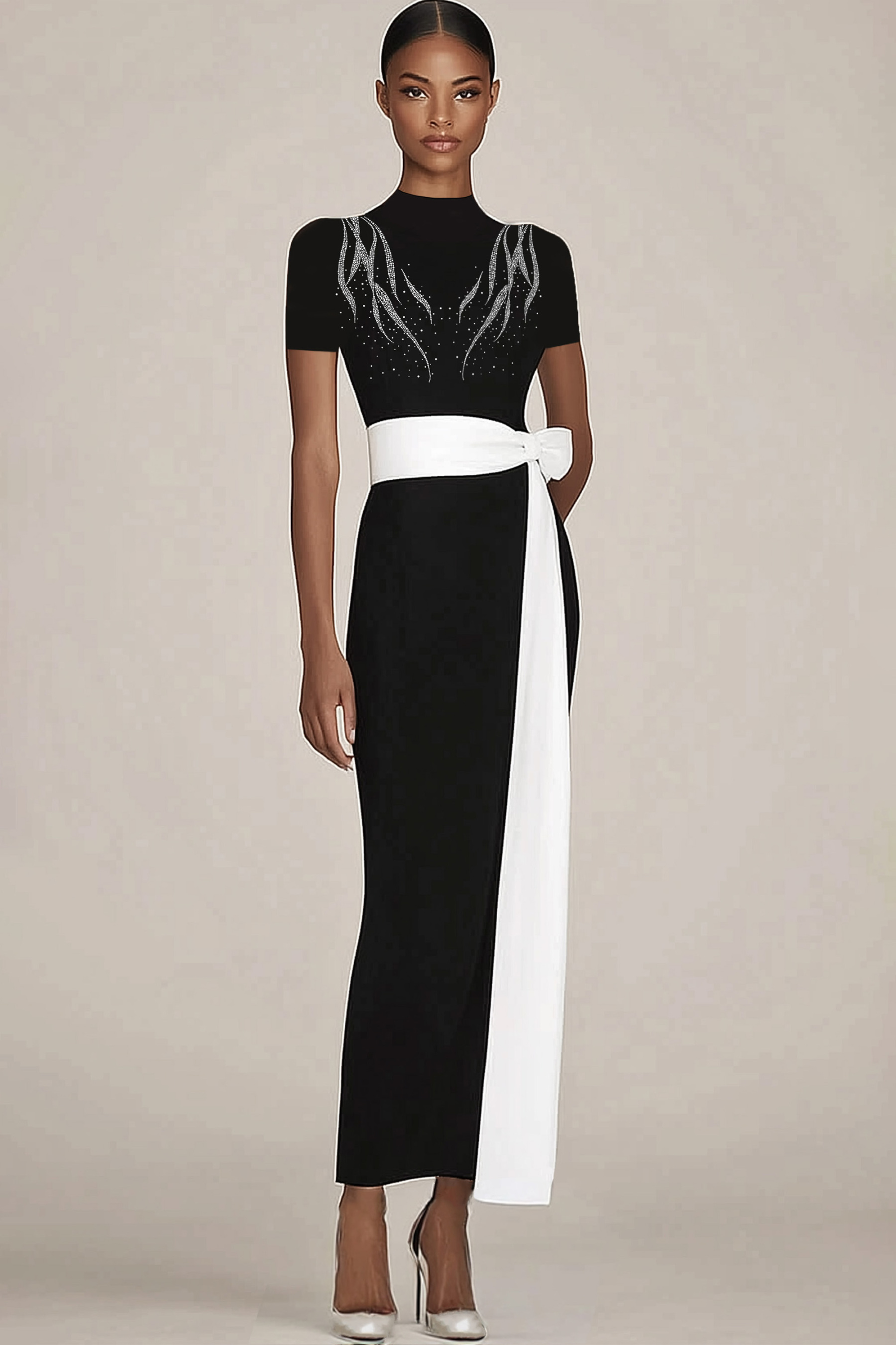 Cocktail Party Dress Black Stand Collar Rhinestone White Belt Slim-Fit Maxi Dress