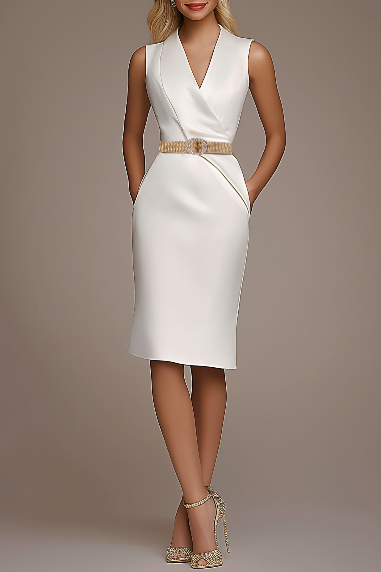 Work Dress White Satin Cross Neck Sleeveless Pocket Knee-Length Dress