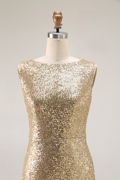 Formal Evening Dress Gold Sequin Sleeveless Mermaid Maxi Dress